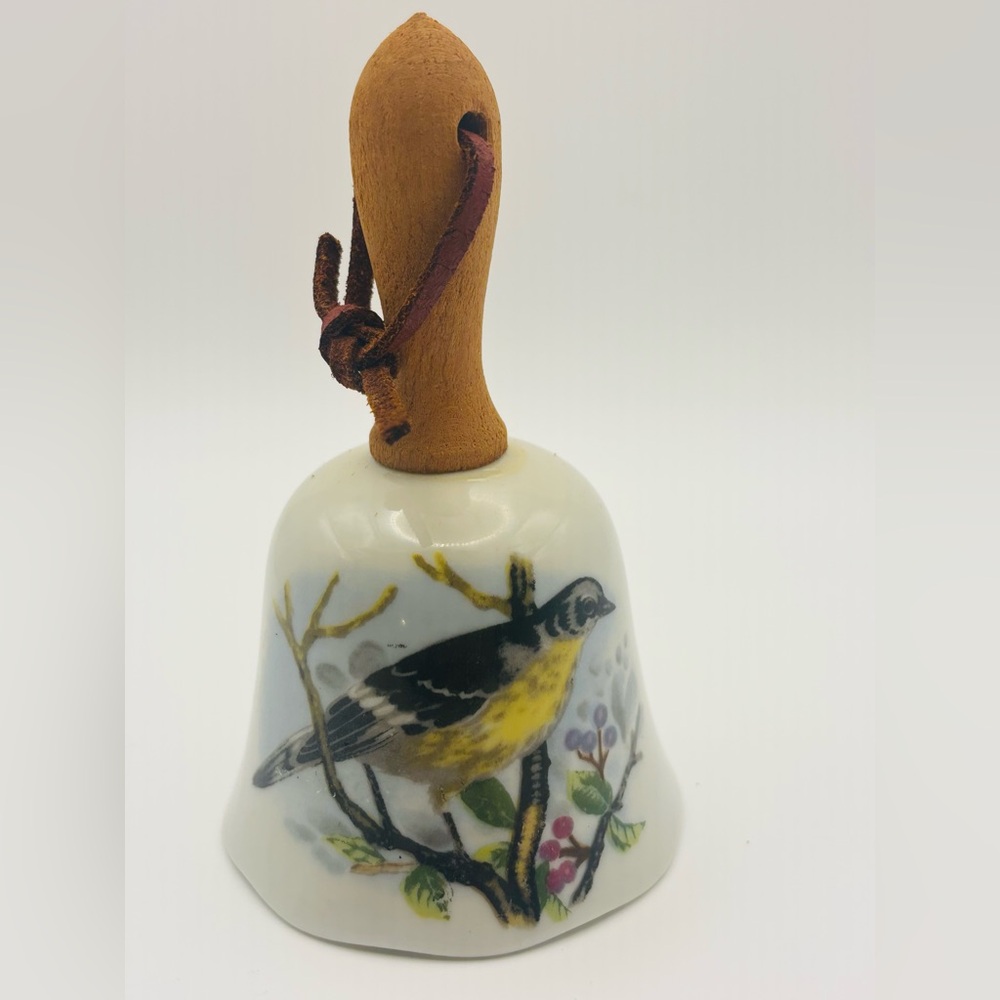 Vintage Decorative Mockingbird Ceramic Bell with Wooden Handle